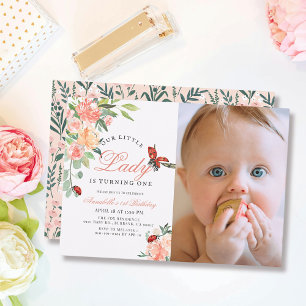 Little Lady Ladybug Roses Photo Girl 1st Birthday Invitation