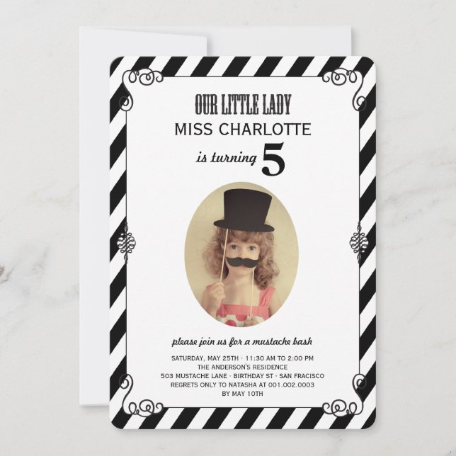 Little Lady Moustache Bash Birthday Photo Invite (Front)