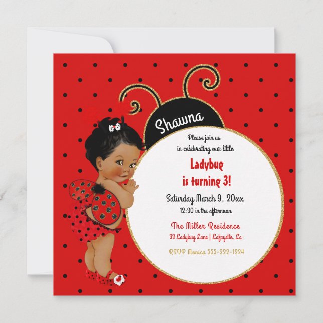 Little Ladybug African American Girl Red Black Invitation (Front)