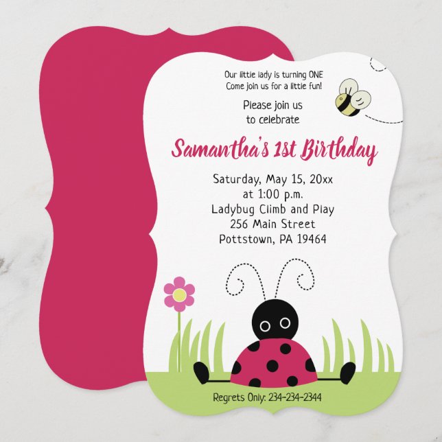 Little Ladybug Girl Birthday Invitation Die Cut (Front/Back)