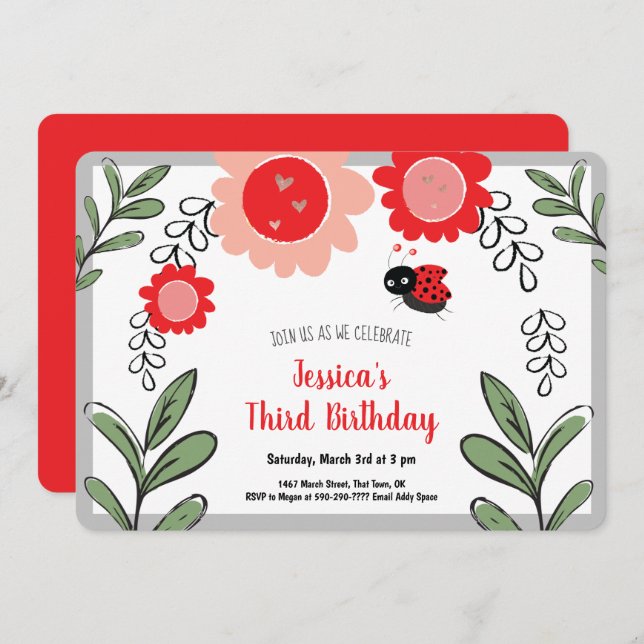Little Ladybug Girls Birthday Party Invitations (Front/Back)