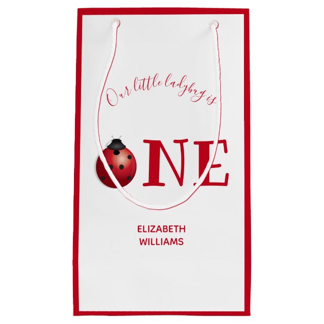 Little Ladybug One First Birthday Red White Small Gift Bag (Front)