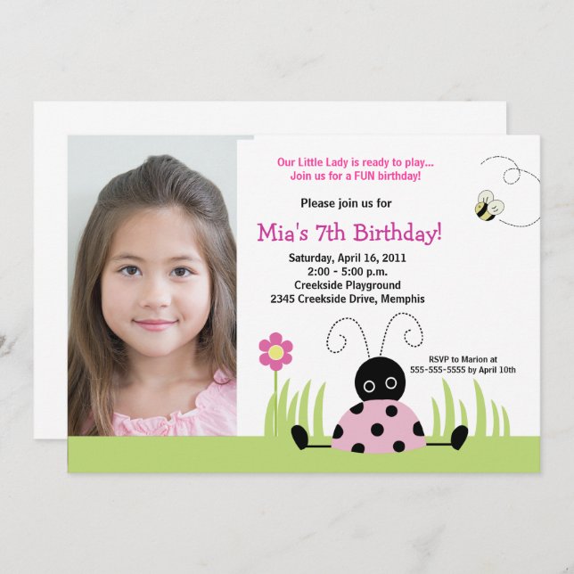 Little Ladybug Pink Girl Birthday Template (Front/Back)