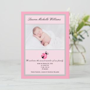 Little Ladybug Pink Grey Baby Girl Photo Birth Announcement