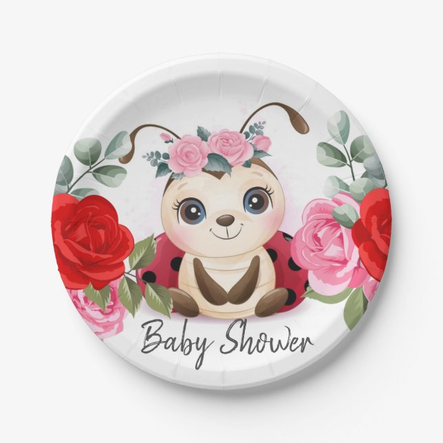 Little Ladybug Pink Red Floral Girl Baby Shower Paper Plate (Front)