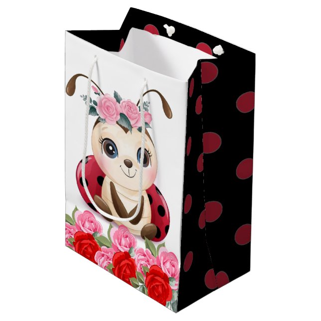 Little Ladybug Red Pink Floral Girl Baby Shower Medium Gift Bag (Front Angled)