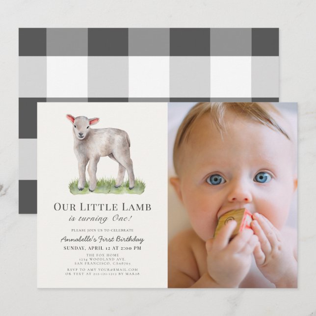 Little Lamb 1st Birthday Photo Invitation (Front/Back)