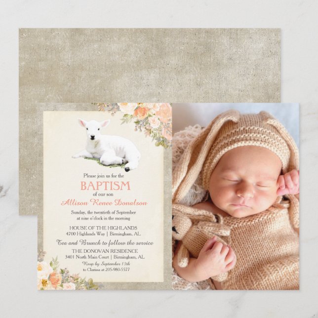 Little Lamb Baptism Floral Photo Invitation (Front/Back)