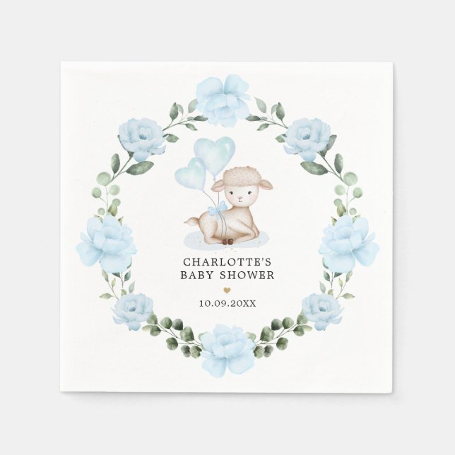 Little Lamb Blue Floral Greenery Baby Shower Napkin (Front)