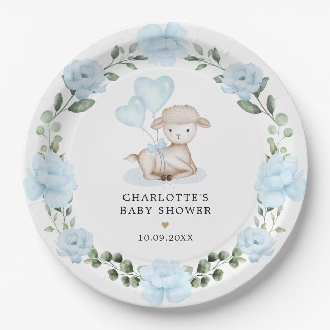 Little Lamb Blue Floral Greenery Baby Shower Paper Plate (Front)