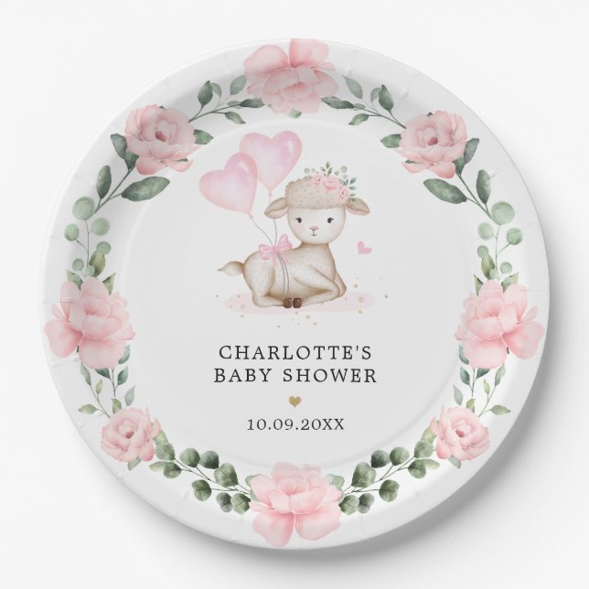 Little Lamb Blush Pink Floral Greenery Baby Girl Paper Plate (Front)