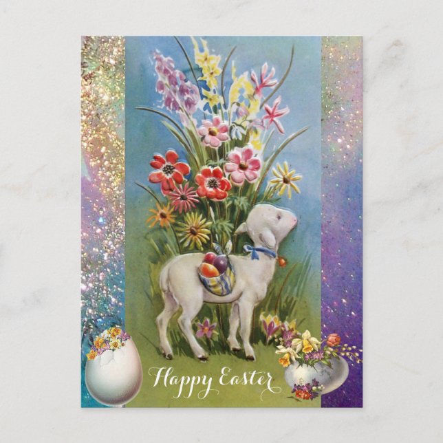 LITTLE LAMB,EASTER EGGS AND COLORFUL FLOWERS HOLIDAY POSTCARD (Front)