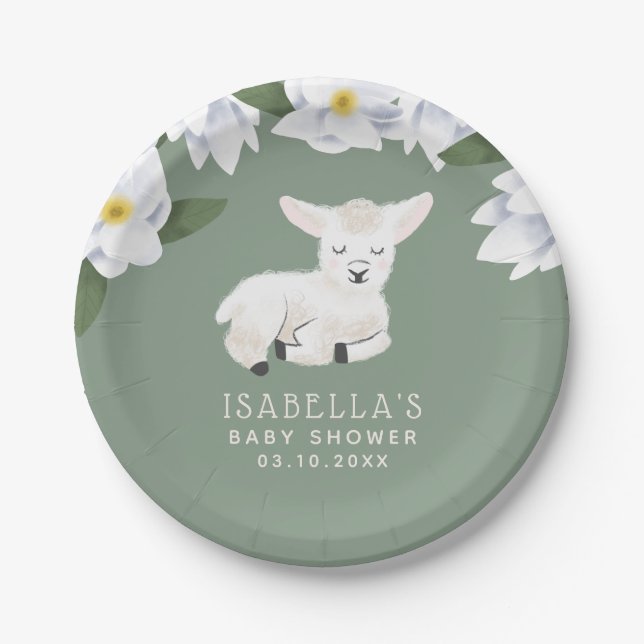 Little Lamb Magnolia Flowers Baby Shower Paper Plate (Front)