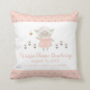 Little Lamb Pink Cute Girl Birth Stats Nursery Cushion