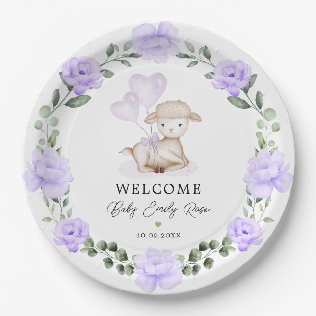 Little Lamb Purple Floral Greenery Welcome Baby  Paper Plate (Front)