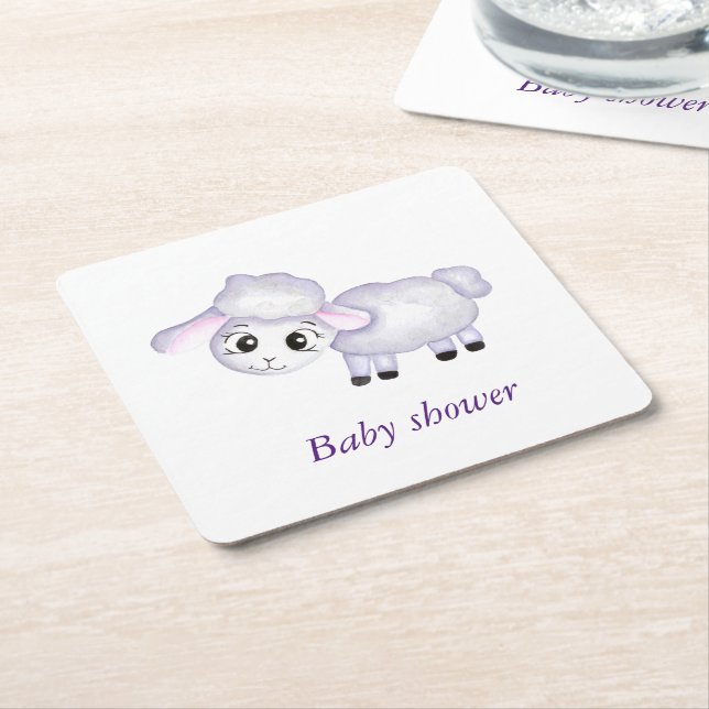 Little Lamb Sheep Baby Shower Square Paper Coaster (Angled)