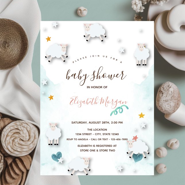 Little Lamb Sheeps Cloud Stars Baby Shower  Invitation (Creator Uploaded)