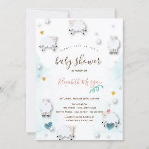 Little Lamb Sheeps Cloud Stars Baby Shower  Invitation