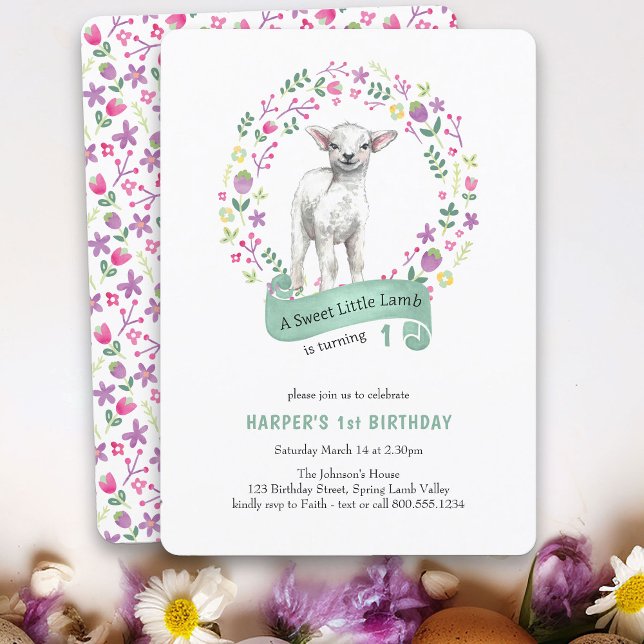 Little Lamb Spring Girl 1st Birthday Invitation (A Sweet Little Lamb birthday invitation - perfect for spring or easter)
