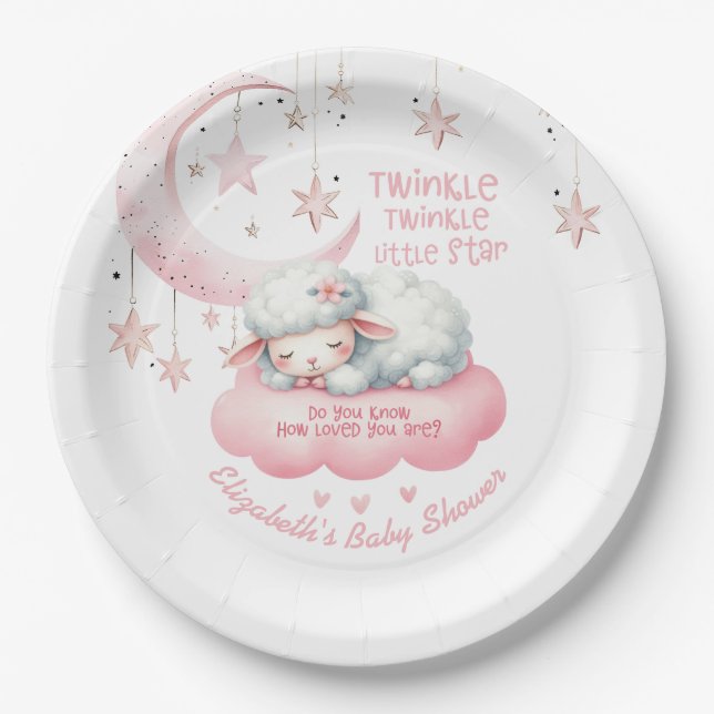 Little Lamb Twinkle Twinkle Pink Girl Baby Shower Paper Plate (Front)