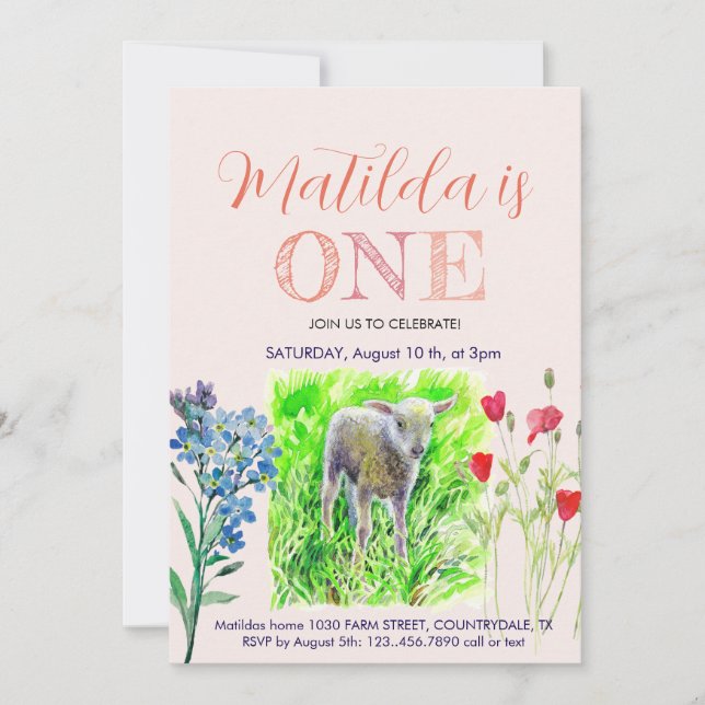 Little lamm and wildflowers invitation (Front)