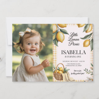 Little Lemon Picnic Gingham Kids Photo Birthday Invitation