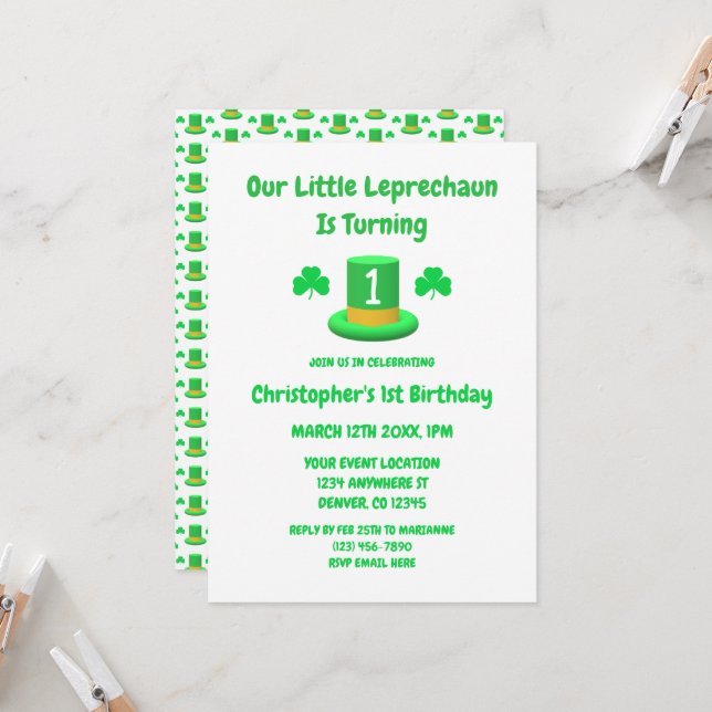 Little Leprechaun 1st Birthday Invitation (Front/Back In Situ)