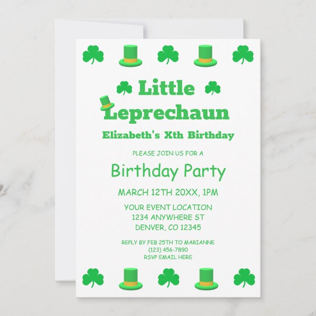 Little Leprechaun Kids Birthday Invitation (Front)