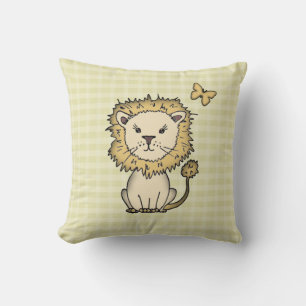 Little Lion and Butterfly on Yellow Plaid Cushion