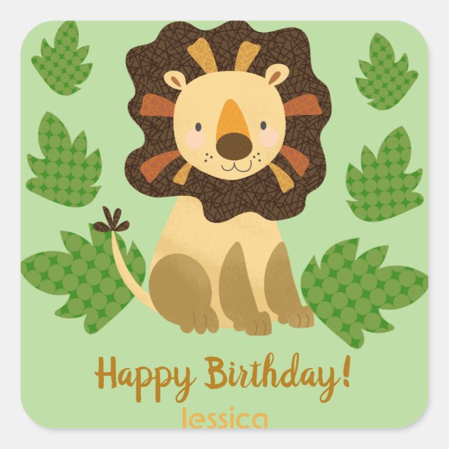 Little Lion Custom Name Birthday Party Square Sticker (Front)