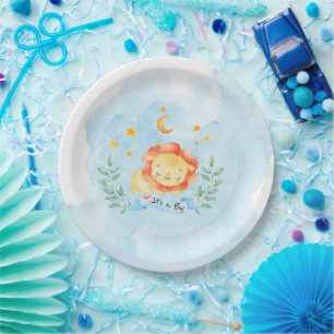 Little Lion Its a Boy Watercolor Blue Baby Shower Paper Plate