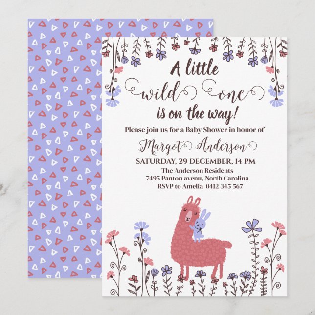 Little  llama Bunny Baby Shower Wild one Invitation (Front/Back)