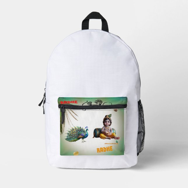Little Lord Krishna Peacock Janmashtami Printed Backpack (Front)