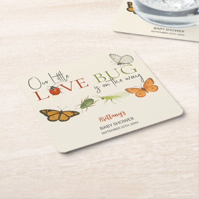 Little Love Bug Baby Shower Butterfly Square Paper Coaster (Angled)