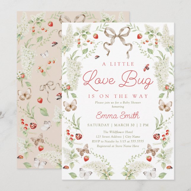 Little Love Bug Floral Bow Baby Shower Invitation (Front/Back)