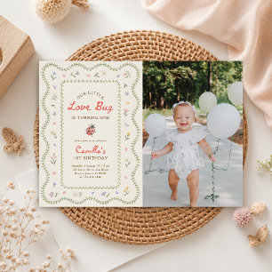 Little Love Bug Ladybug Girl 1st Birthday Photo Invitation