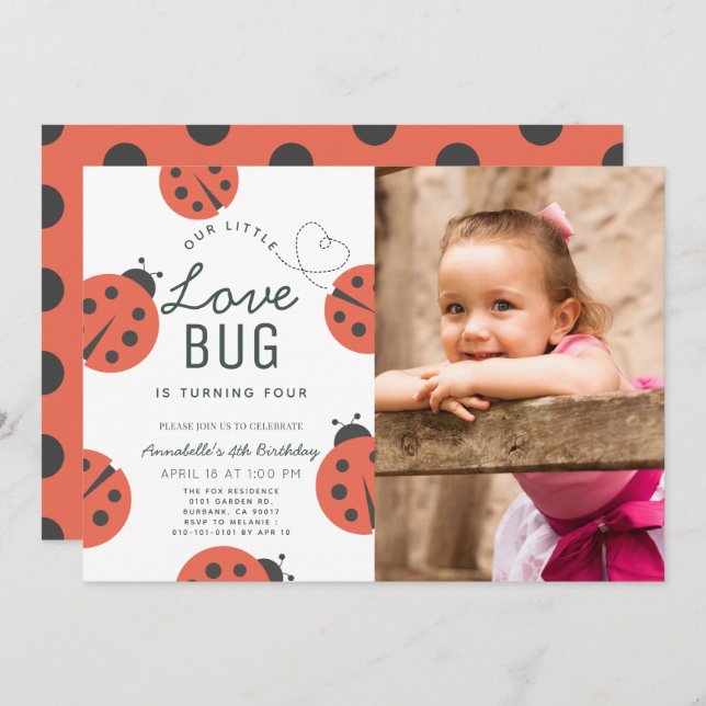 Little Love Bug Ladybug Girl Birthday Photo Invitation (Front/Back)