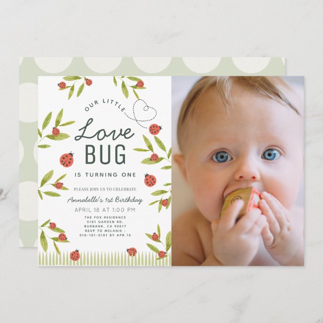 Little Love Bug Ladybug Girl Photo 1st Birthday In Invitation (Front/Back)