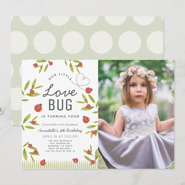 Little Love Bug Ladybug Girl Photo Birthday Invitation (Front/Back)