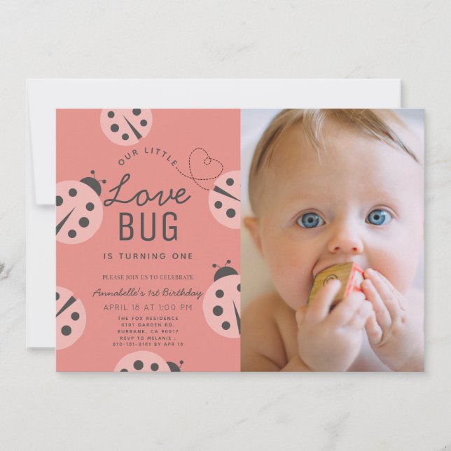 Little Love Bug Pink Ladybug 1st Birthday Photo Invitation (Front)