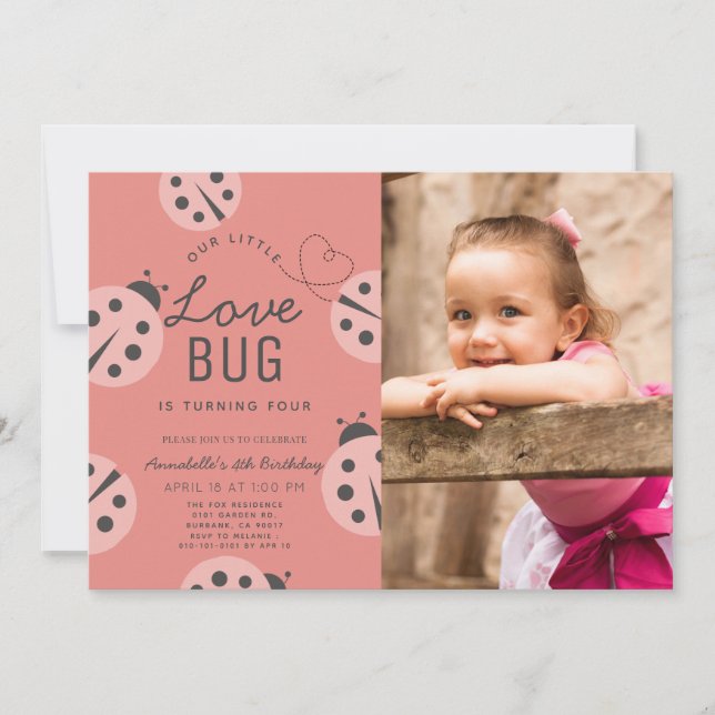 Little Love Bug Pink Ladybug Birthday Photo Invitation (Front)