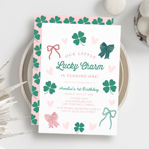 Little Lucky Charm Bow Shamrock Girl 1st Birthday Invitation