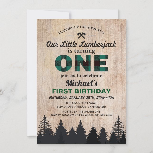 Little Lumberjack 1st Birthday Party Green Plaid Invitation (Front)