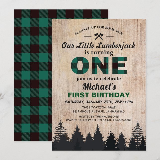 Little Lumberjack 1st Birthday Party Green Plaid Invitation (Front/Back)
