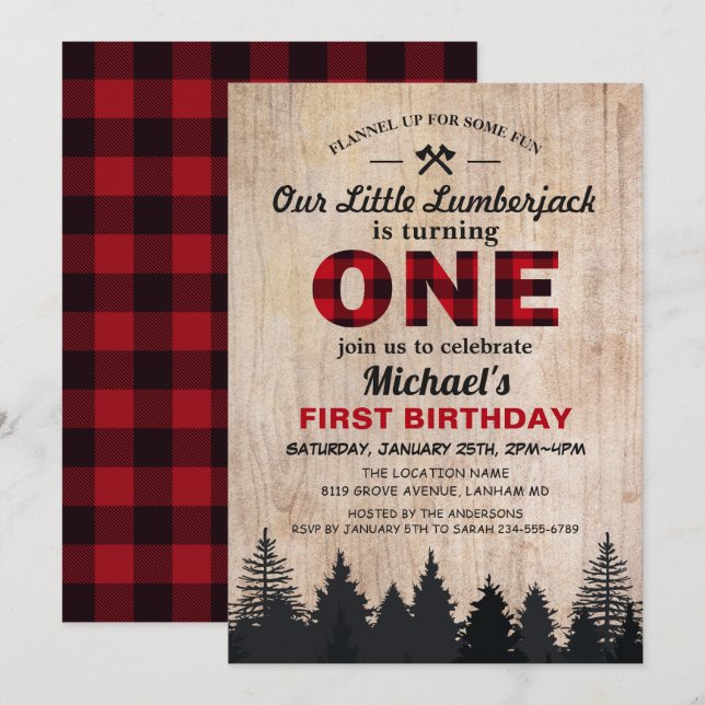 Little Lumberjack 1st Birthday Party Invitation (Front/Back)