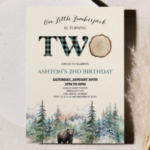 Little Lumberjack Bear Green 2nd Birthday Party Invitation