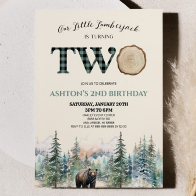 Little Lumberjack Bear Green 2nd Birthday Party Invitation (Creator Uploaded)