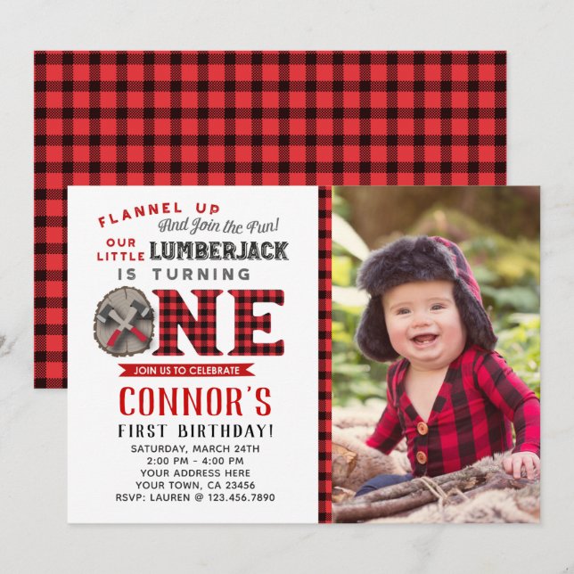 Little Lumberjack Birthday Invitation with Photo (Front/Back)