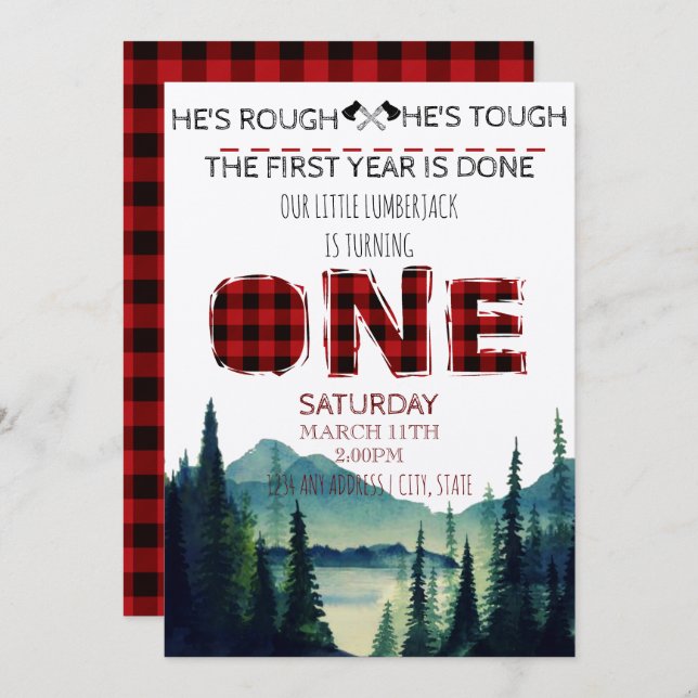 Little Lumberjack Birthday Invite - Buffalo Plaid (Front/Back)