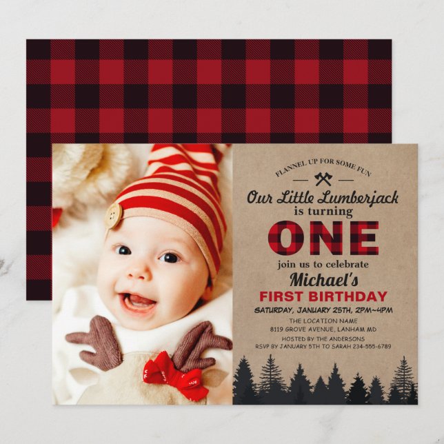 Little Lumberjack First Birthday Party Baby Photo Invitation (Front/Back)